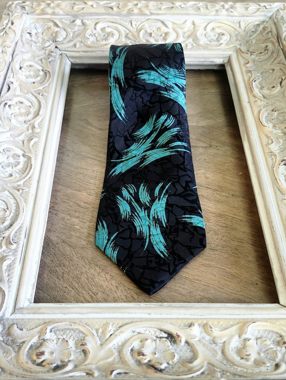 Vintage Christian Dior From 70s Black Tie with Teal Brushstroke